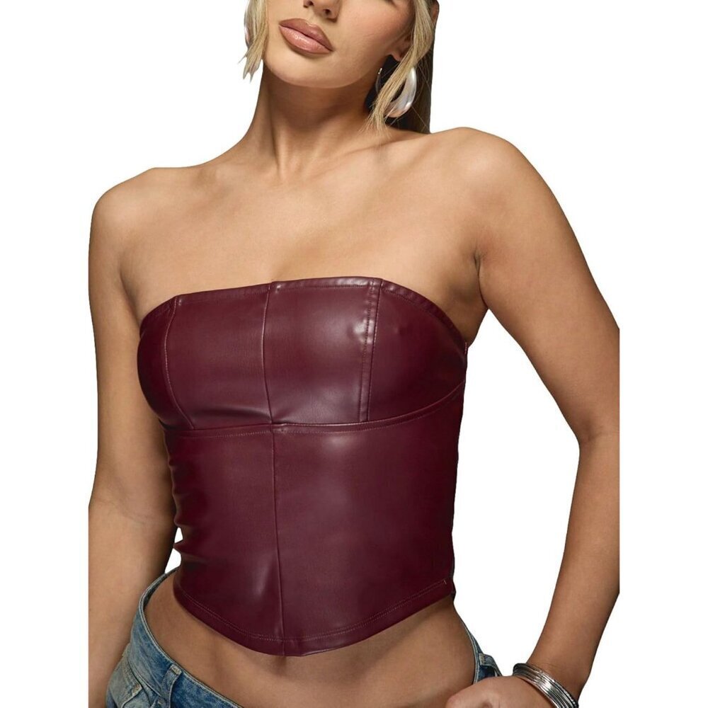Women's Leather Crop Top Strapless Backless Slim Fit Party Going Out Fashion